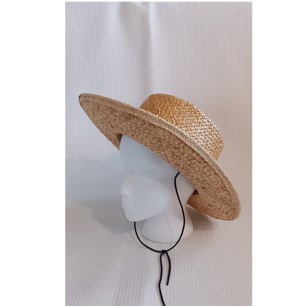 Vintage Made in USA Straw Boater Hat Large Natural Woven Mid Brim Abstract Band - Picture 9 of 9